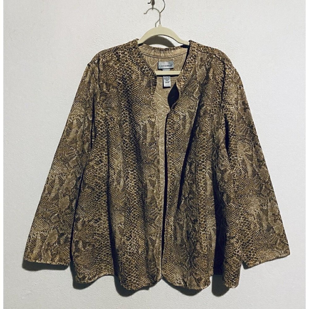 Catherines Jacket Womens 2X Brown Faux Snake Skin Embroidered Open Front Boho